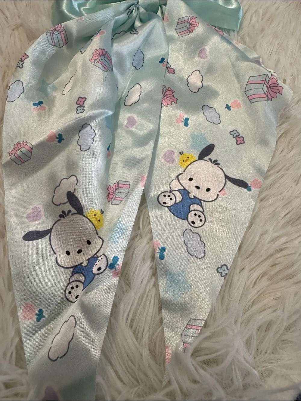 Pochacco Satin coquette Bow Hair pin in Light Aqua with Cute Character Print